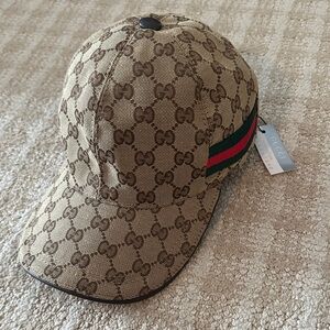 Gucci Style Brown/Beige GG Canvas Baseball Cap with Green-Red Web